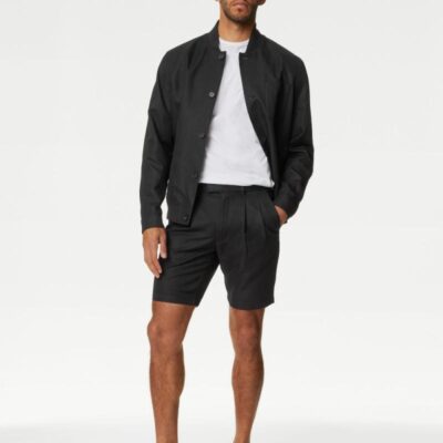 Autograph Linen Blend Pleat Front Shorts Black | Mens Shorts