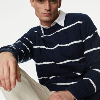 M&S Collection Cotton Blend Striped Textured Jumper Navy | Mens Jumpers & Knitwear