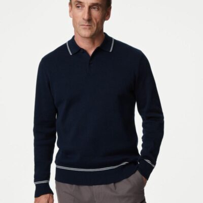 M&S Collection Pure Supima® Cotton Tipped Knitted Polo Shirt Navy | Mens Tops & T-shirts