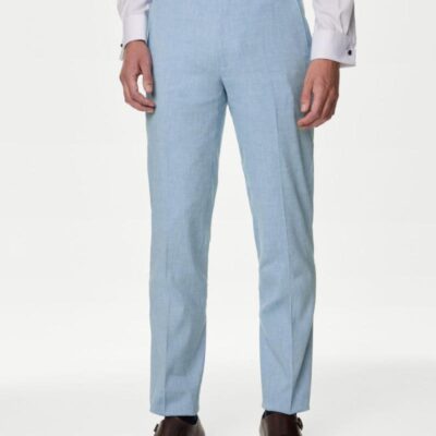 M&S Collection Tailored Fit Italian Linen Miracle™ Trousers Light Blue | Mens Trousers