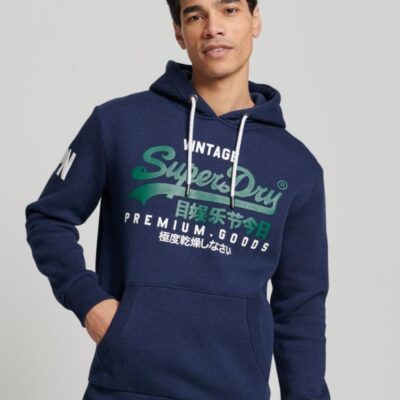 Superdry Slim Fit Cotton Rich Logo Graphic Hoodie Mid Blue | Mens Hoodies & Sweatshirts