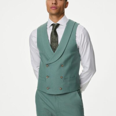 M&S Collection Wool Blend Double Breasted Waistcoat Green | Mens Waistcoats