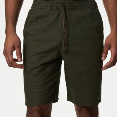 M&S Collection Linen Blend Elasticated Waist Stretch Shorts Medium Khaki | Mens Shorts