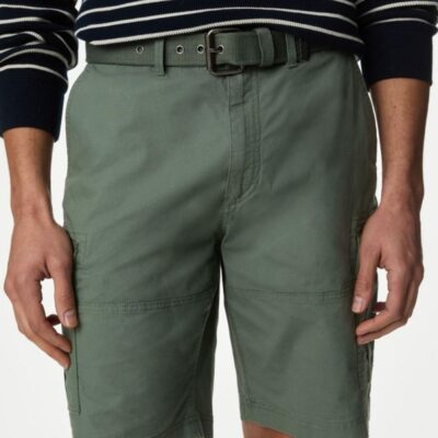 M&S Collection Pure Cotton Belted Cargo Shorts Green | Mens Shorts