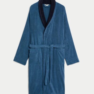 M&S Collection Pure Cotton Towelling Dressing Gown Blue Mix | Mens Loungewear