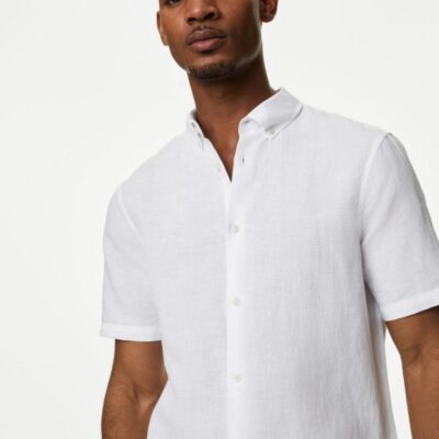 M&S Collection Easy Iron Linen Rich Shirt White | Mens Shirts