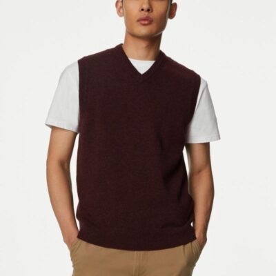 M&S Collection Pure Extra Fine Lambswool Sleeveless Jumper Berry | Mens Jumpers & Knitwear