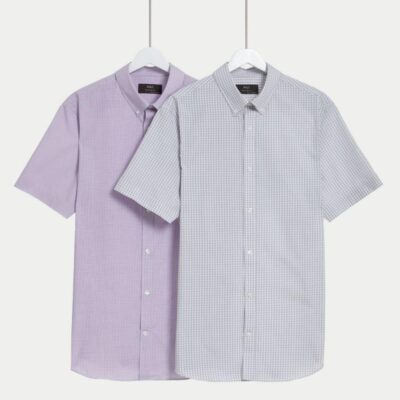 M&S Collection 2pk Regular Fit Easy Iron Checked Short Sleeve Shirts Lilac Mix | Mens Formal Shirts