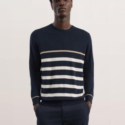 JAEGER Merino Wool Rich Striped Knitted T-Shirt Navy | Mens Tops & T-shirts