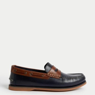 M&S Collection Leather Slip On Deck Shoes Navy Mix | Mens Smart Shoes