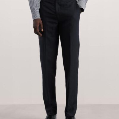 JAEGER Tailored Fit Silk Linen Blend Trousers Navy | Mens Smart Trousers