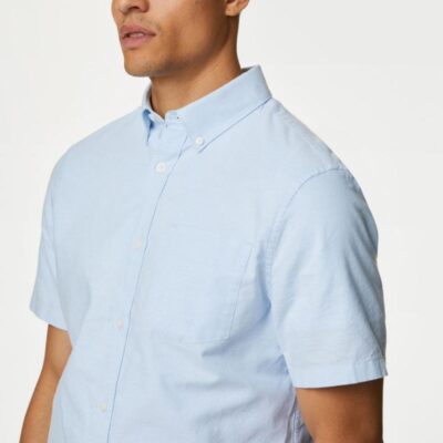 M&S Collection Easy Iron Pure Cotton Oxford Shirt Light Blue | Mens Shirts