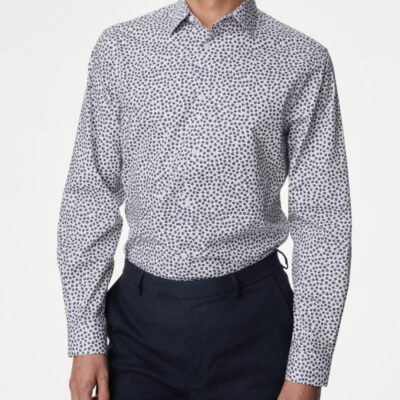 M&S Collection Regular Fit Easy Iron Pure Cotton Print Shirt White Mix | Mens Formal Shirts