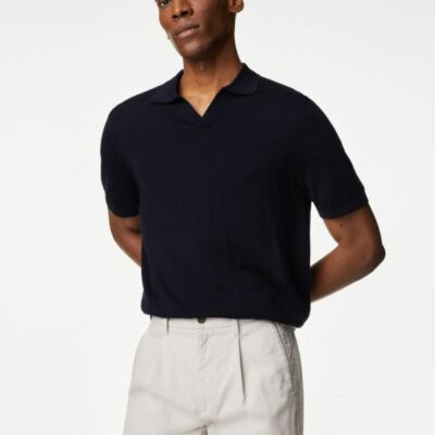 Autograph Pure Extra Fine Merino Wool Knitted Polo Shirt Dark Navy | Mens Tops & T-shirts