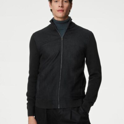 Autograph Cotton Rich Zip Up Knitted Jacket Black | Mens Jumpers & Knitwear