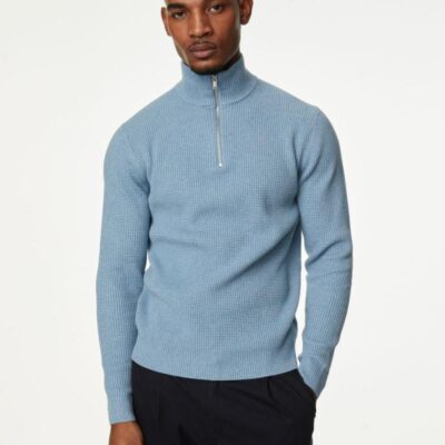 M&S Collection Cotton Blend Textured Half Zip Funnel Neck Jumper Slate Blue | Mens Jumpers & Knitwear