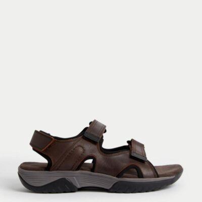 M&S Collection Airflex™ Leather Two Strap Riptape Sandals Brown | Mens Casual Shoes