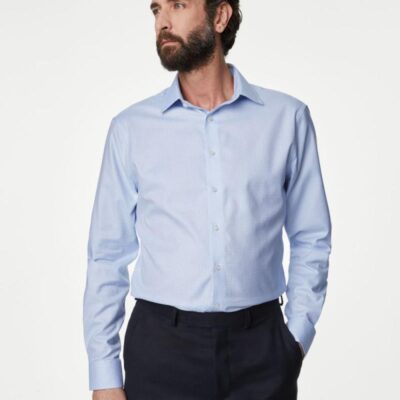 M&S SARTORIAL Regular Fit Easy Iron Luxury Cotton Checked Shirt Blue Mix | Mens Formal Shirts