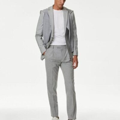 M&S Collection Single Pleat Active Waist Textured Trousers Light Grey | Mens Smart Trousers