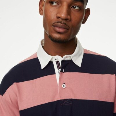 M&S Collection Pure Cotton Striped Long Sleeve Rugby Shirt Pink Mix | Mens Tops & T-shirts