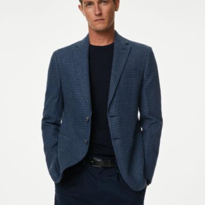 M&S Collection Linen Rich Puppytooth Blazer Blue Mix | Mens Blazers