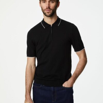 M&S Collection Cotton Rich Tipped Knitted Polo Shirt Black | Mens Tops & T-shirts